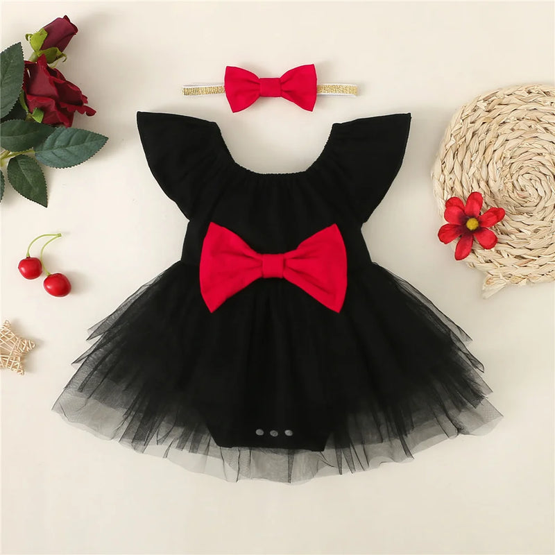 0-18 Months Female Baby Summer Bodysuit Bow and Thin Gauze Fashion Dress+Bow suitable for baby's full Moon shooting Clothing