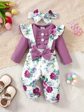 Newborn Girl Baby Set Purple Flared Sleeve Bodysuit + Flower Backband Pant for 0-24 Months Old Female Baby Spring & Autumn Set