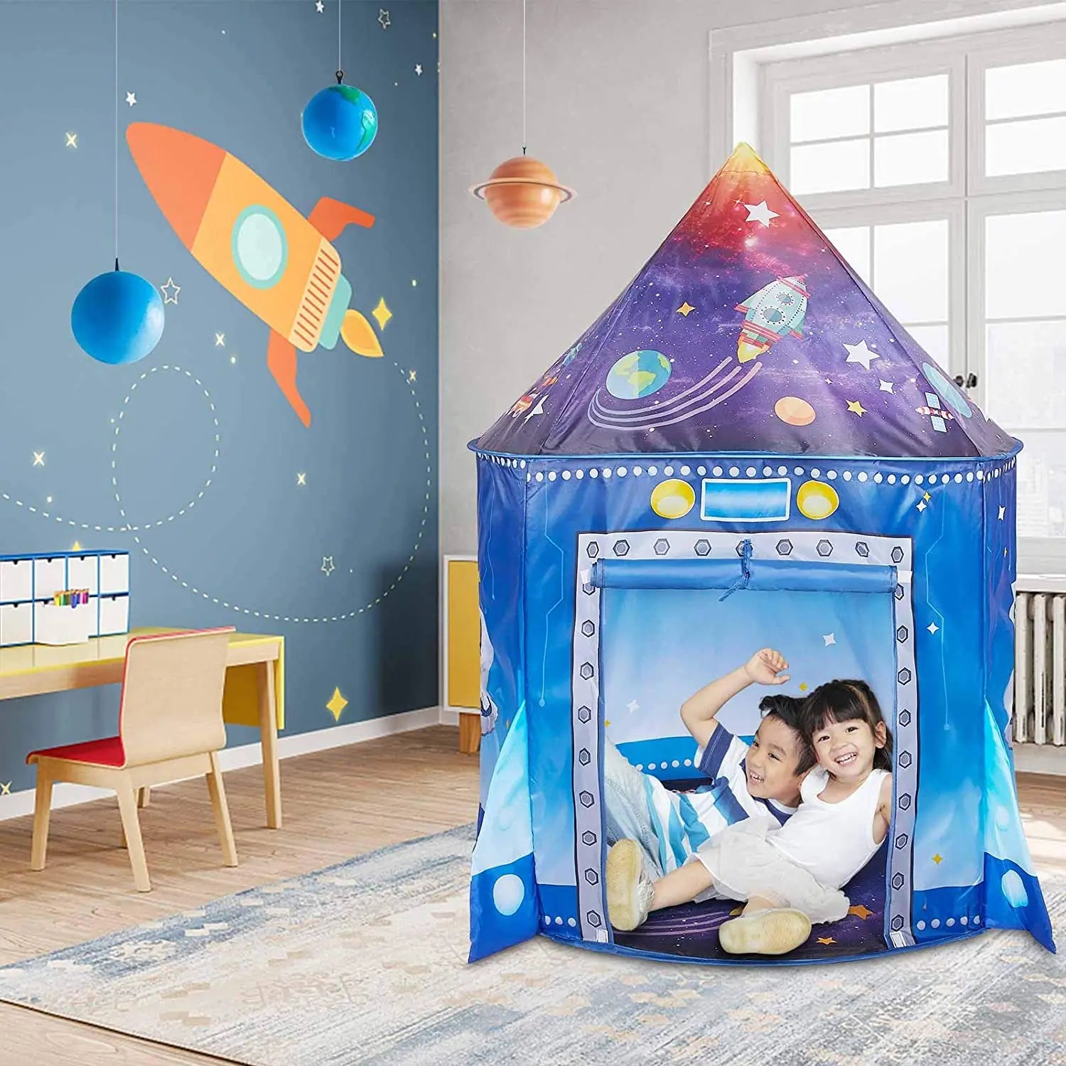 Rocket Ship Kids Tent Pop Up Play Toy Tent for Children  Large Space Indoor Pretend Playhouse  Outdoor Play Tent for Boys & Girl