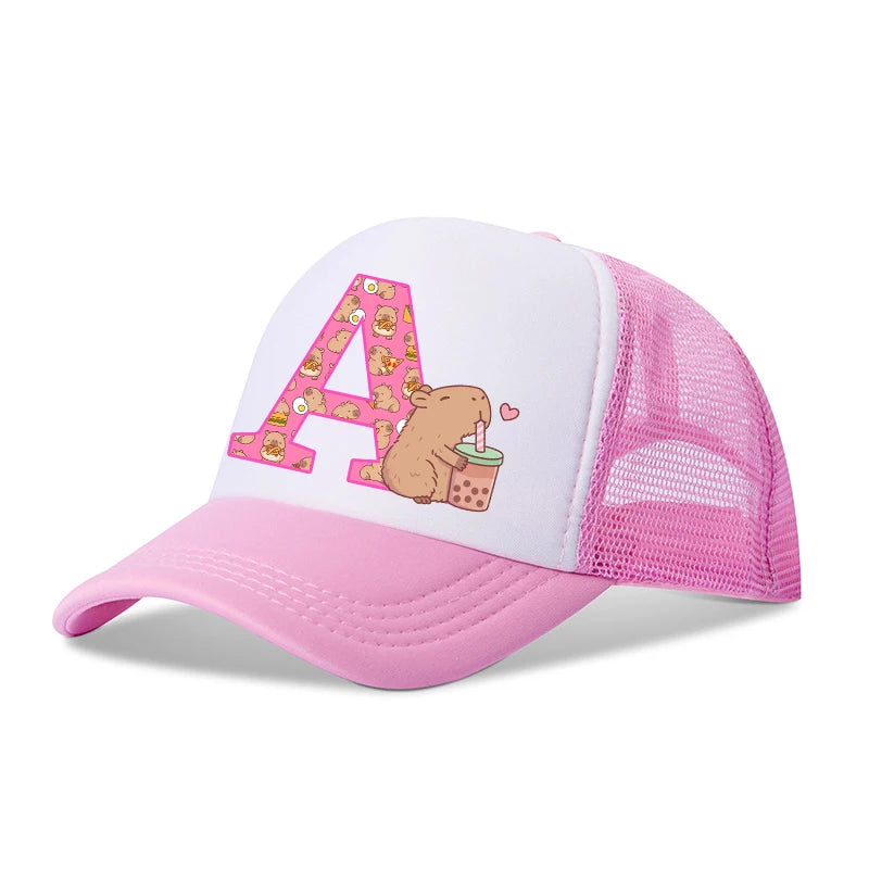 Capibara Baseball Cap Girls Women Anime Capybara Letter A-Z Sun Hat Kids Adult Summer Breathable Mesh Sunbonnet Outdoor Headgear