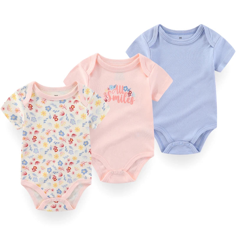 Babe Baby Bodysuits 3-Piece Cartoon Unisex Short Sleeve Onesies Set 0-12 Months 100 Percent Cotton