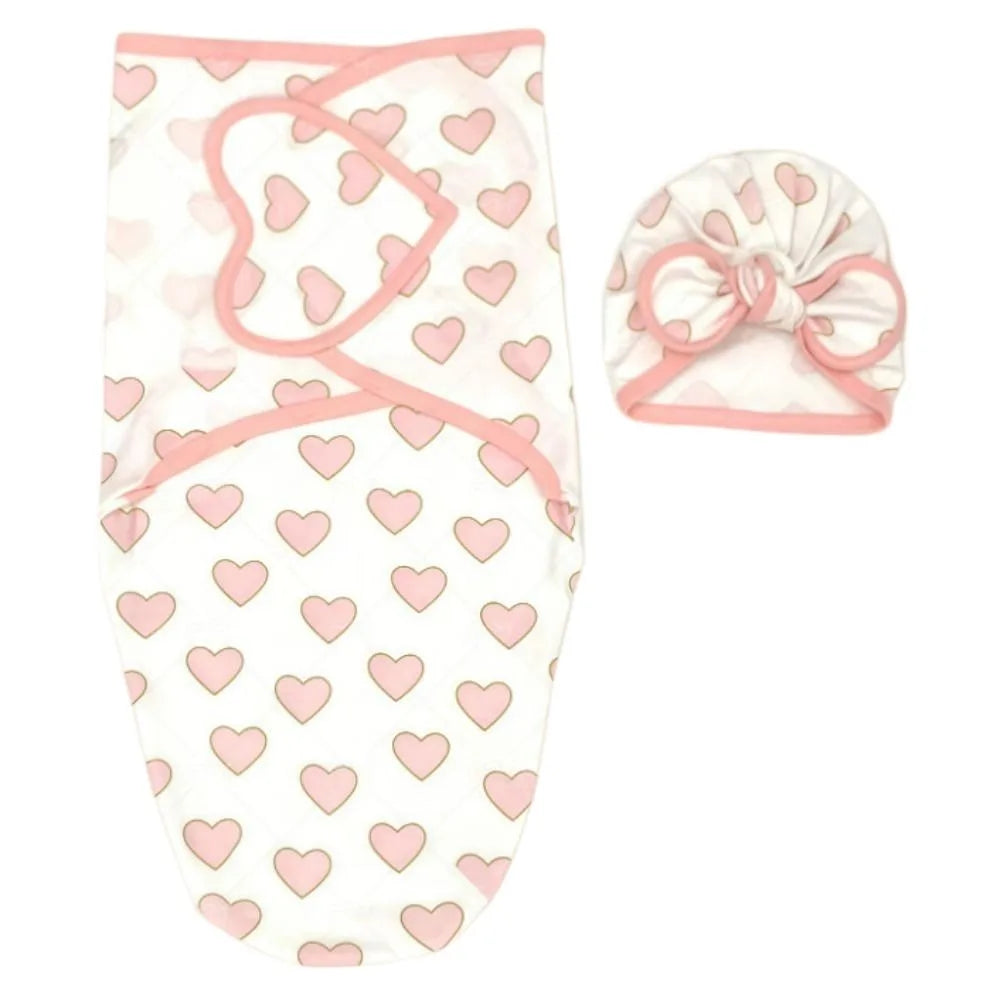 Bowknot Infant Swaddle Blanket Hat Set for Newborn Photography, Soft Cotton, Flower Pattern