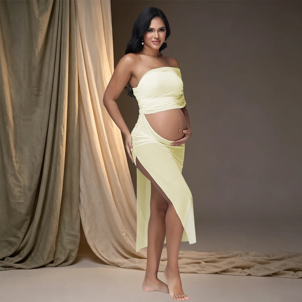 Maternity Sexy Off Shoulder Photography Outfit Cut Out Belly See Through Mid Dress for Photoshoot