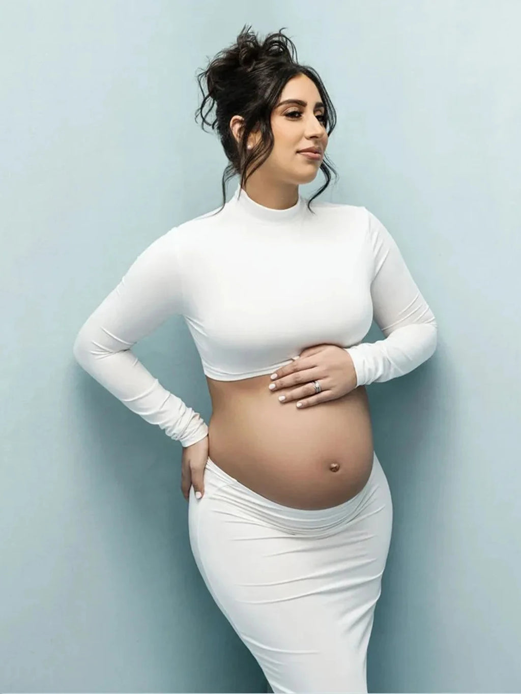 Maternity Mock Neck Long Sleeve Top Slim Maxi Skirt 2 Pcs Set Photoshoot Outfit  Wedding Party Pregnant Clothes
