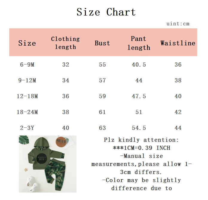 Baby Boy Camouflage Set Army Green Mom's Boy Letter Printed Top+Camouflage Pants Set for 0-3 Year Baby Boys Spring  Autumn Set