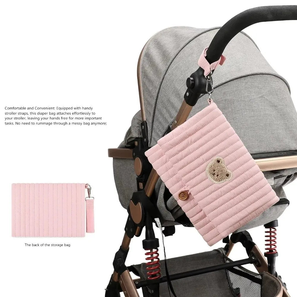 Cute Baby Hanging Diaper Bag Multi-Compartment Cotton Foldable Storage Pouch with Wipe Holder Detachable Strap