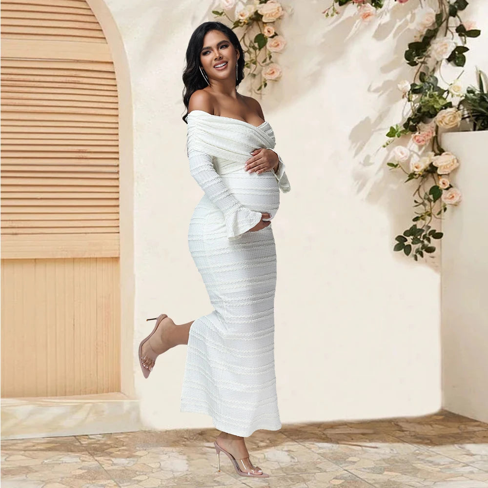 Maternity Fishtail Long Sleeves Criss Cross Neck Fall Dress Fashion Bodycon Pregnant Women Gown for Baby Shower Photoshoot