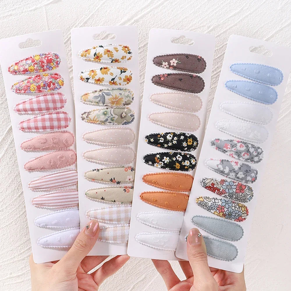 10pcs/set Baby Kids Fresh Print Cotton Alloy Hair Clips Fabric Plaid BB Hairpins Toddler Hairgrips Headwear Hair Accessories