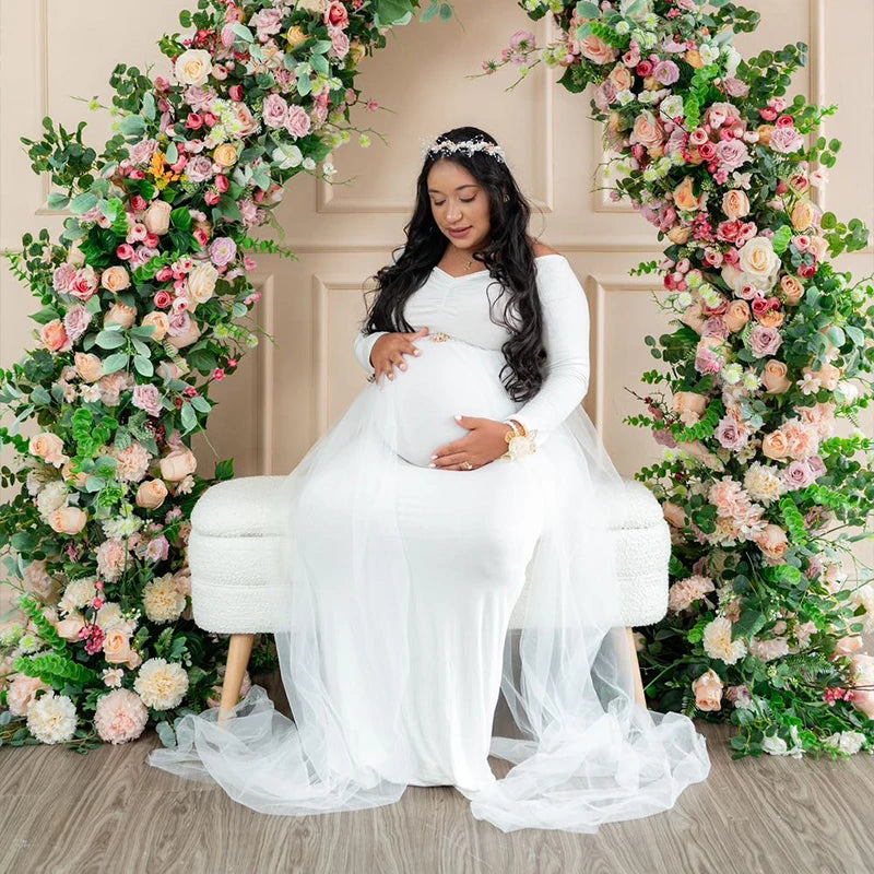 Maternity Long Sleeves Floor Length Mesh Dress Pregnant Dress With Long Train For Shooting Baby Baptism Party