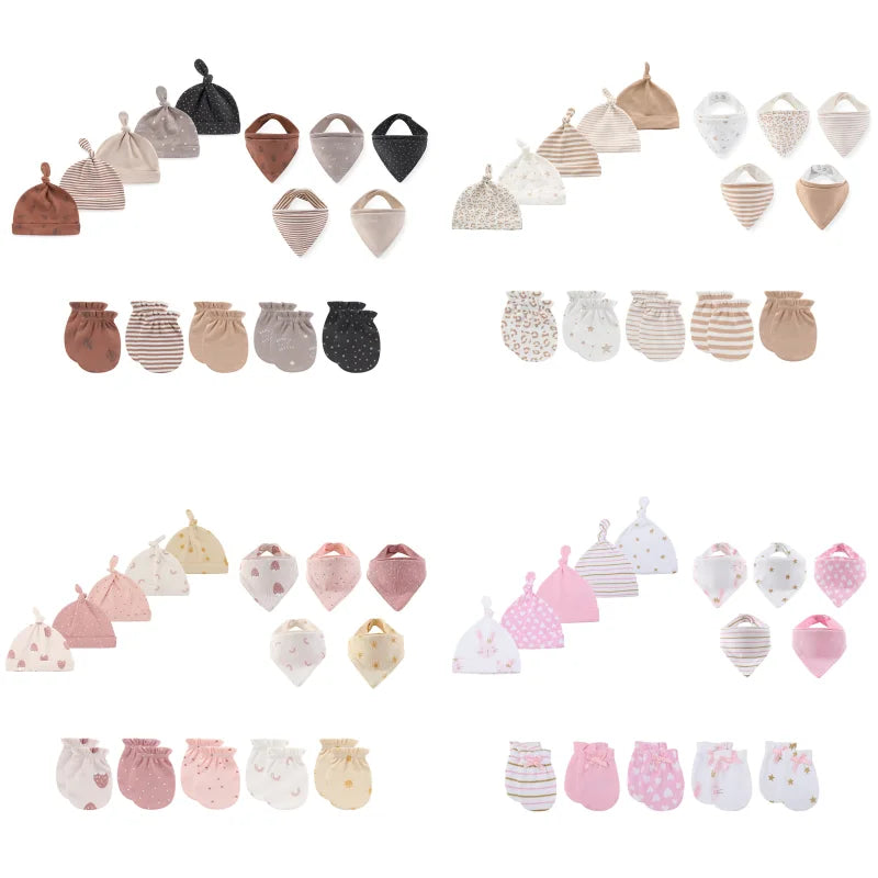 15-Pack Baby Unisex Accessories Fashion Cute Newborn Hats+Bibs+Gloves 0-12 Months Infant Clothing