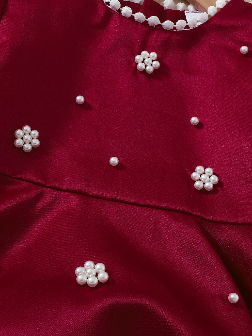 Baby girl Birthday Dress Bubble Sleeves and Pearl Decal wine Red Dress suitable for 0-3 Year old Daby girls Party Princess Dress