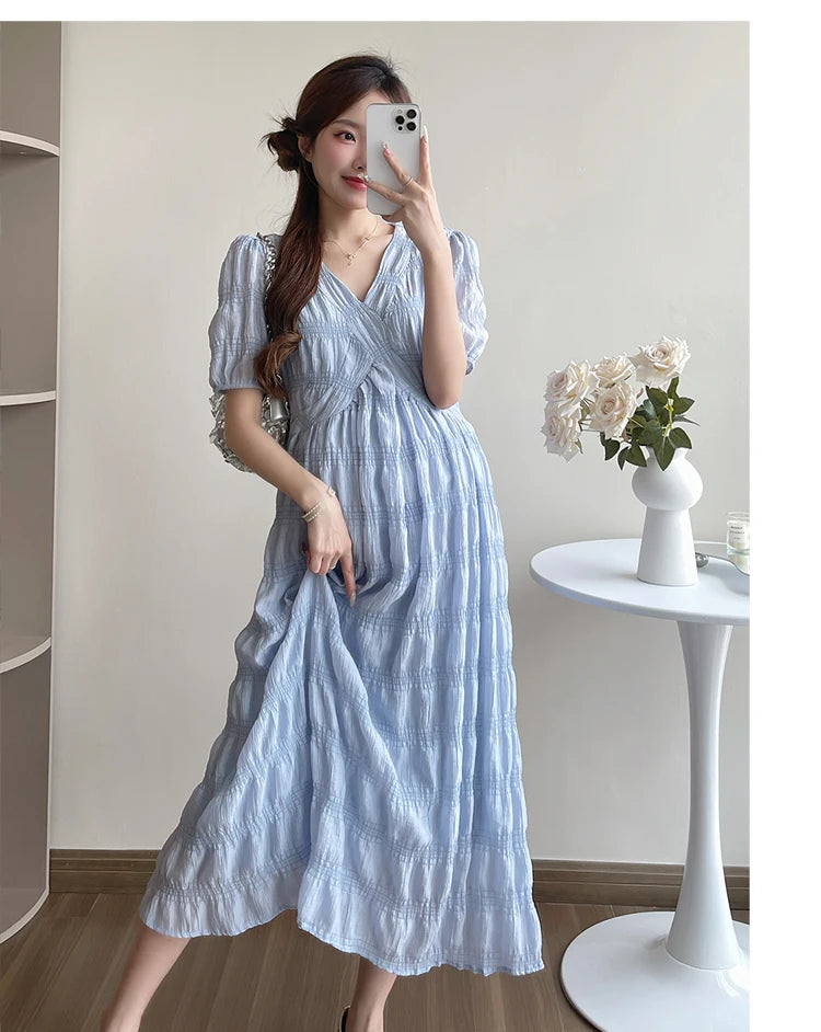 French Style Summer Maternity Pleated Dress High Waist V-neck Short Sleeve Pregnant Woman Elegant Dress Pregnancy Clothes Loose