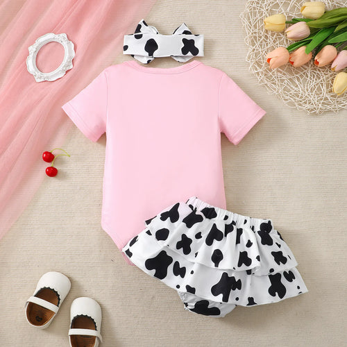 0-18 Months Baby Girl 3-Piece Outfit Set Cartoon Cow Print Top Skirt Headband Summer Clothing