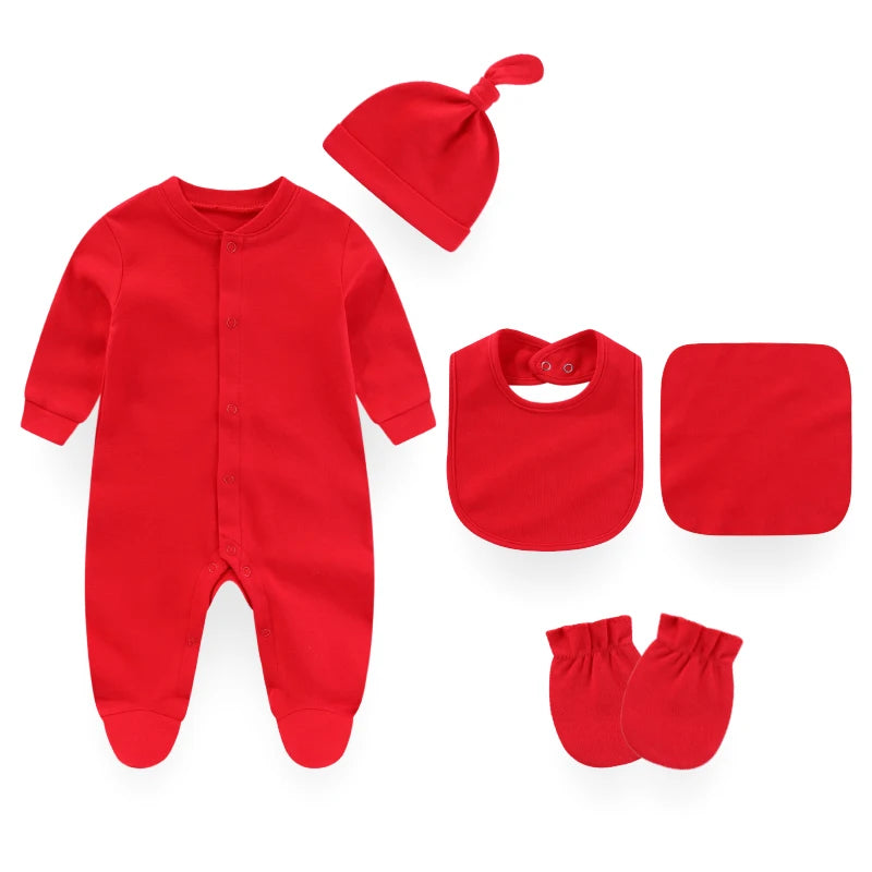 Kiddiezoom 7 Colors Solid Newborn Unisex Baby Clothes Set Rompers Burp Cloth Bib Hats Gloves 100 Percent Cotton