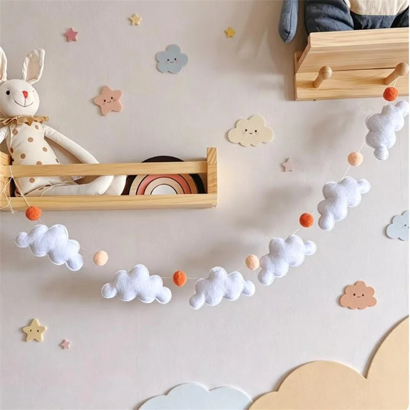 Nordic Felt Cloud and Pompom Garlands Wall Hanging Decor for Kids Room and Party Banner Model 001