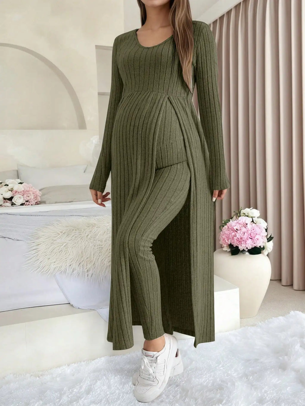 Maternity Women's Two Piece Sets and Outfits Long Sleeve Soft Ribbed Longline Casual Home Lounge Pants Set