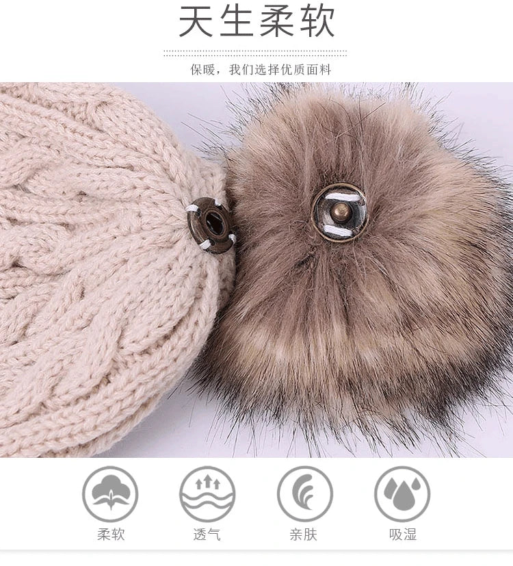 Winter Children's Scarf Hat Three-Piece Set with Pom-Pom Baby Infant Knitted Hat Warm Wool Thickened