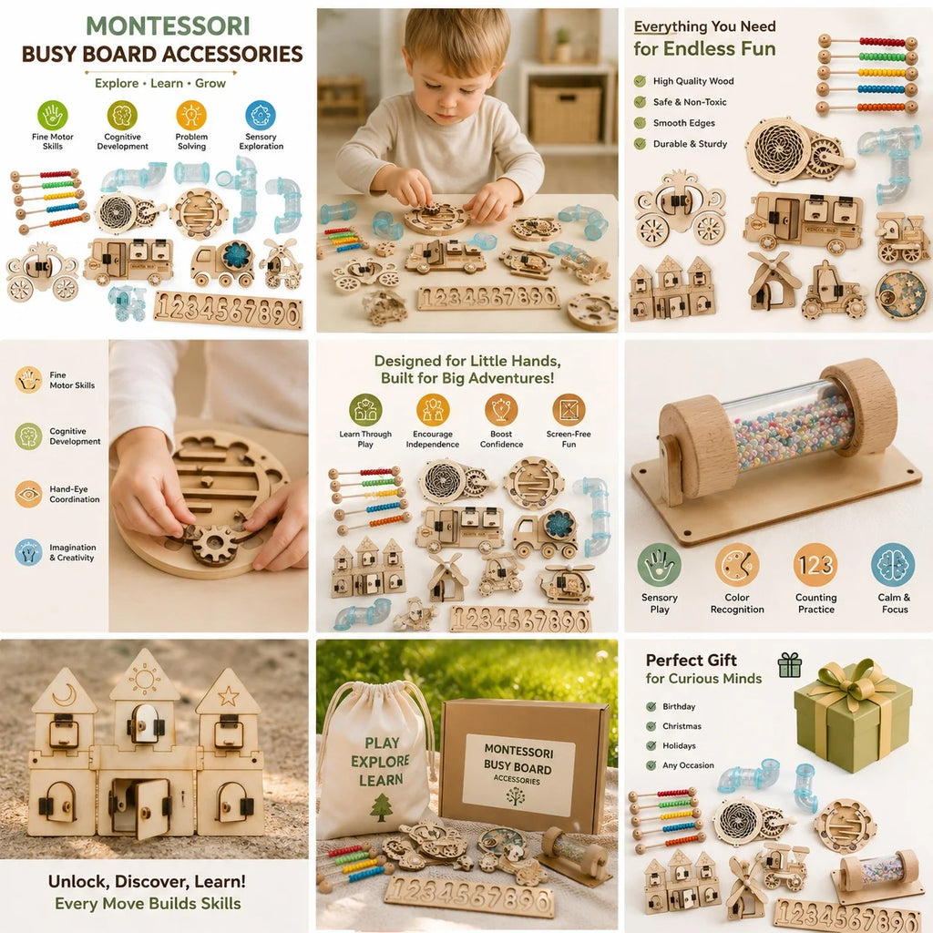 Montessori Busy Board Toddlers Wooden Sensory Activity  LED Switch Gears Maze Lacing  Fine Motor Skills Learning Set for Kids