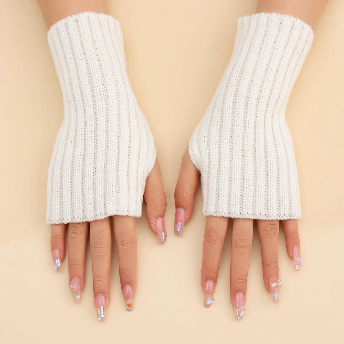Fingerless Ribbed Knitted Arm Warmers Gloves for Winter, Short Length, 19-20cm Unisex