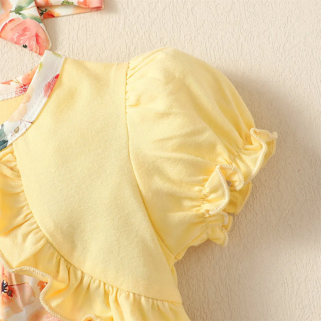 Baby girl Summer Dress Bubble Sleeves and Floral Fashion Dress+Headband 2Pcs/Set for Baby girl 0-24 Months Daily Dressing