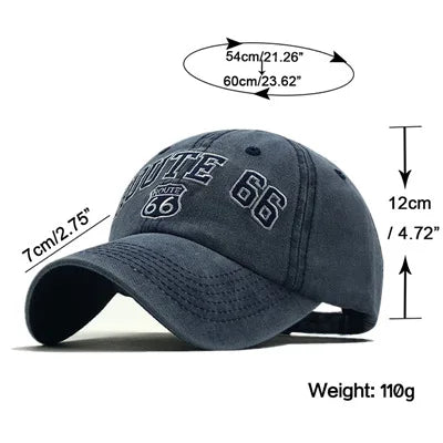 Summer New Pure Cotton Distressed Washed Baseball Cap66Highway Embroidered Duckbill Cap European and American Style Sunshade Hat