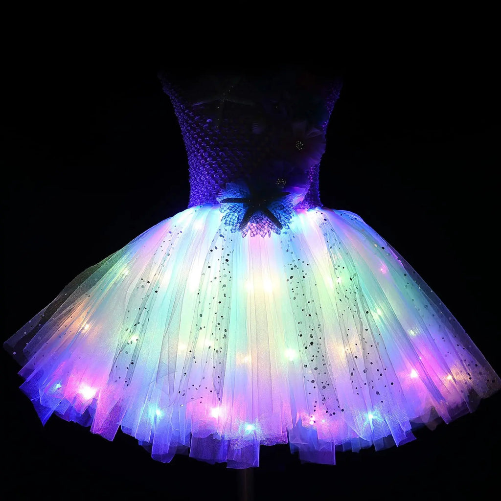 Pricness Girls Mermaid Tutu Dresses with LED Lights Sea Theme Party Starfish Ariel Cosplay Costumes Purple Ball Gown Dress