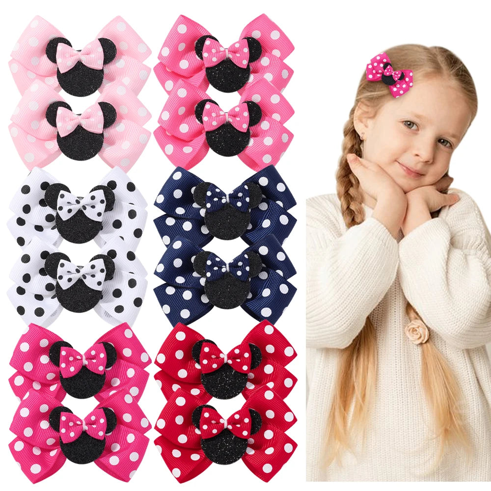 2/4Pcs Cute Bows Hair Clip for Children Boutique Cartoon Headdress Classic Woven Ribbon Polka Dot Pattern Kids Hair Clip