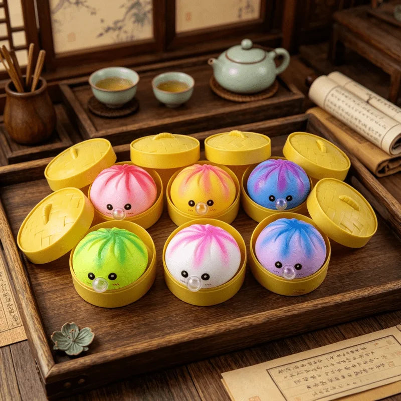 Kawaii Bubble Blowing Bun Squishy Set, Soft Baozi Squeeze Toy with Steamer Lid Base, Rising Stress Ball Funny Fidget Toy Kids