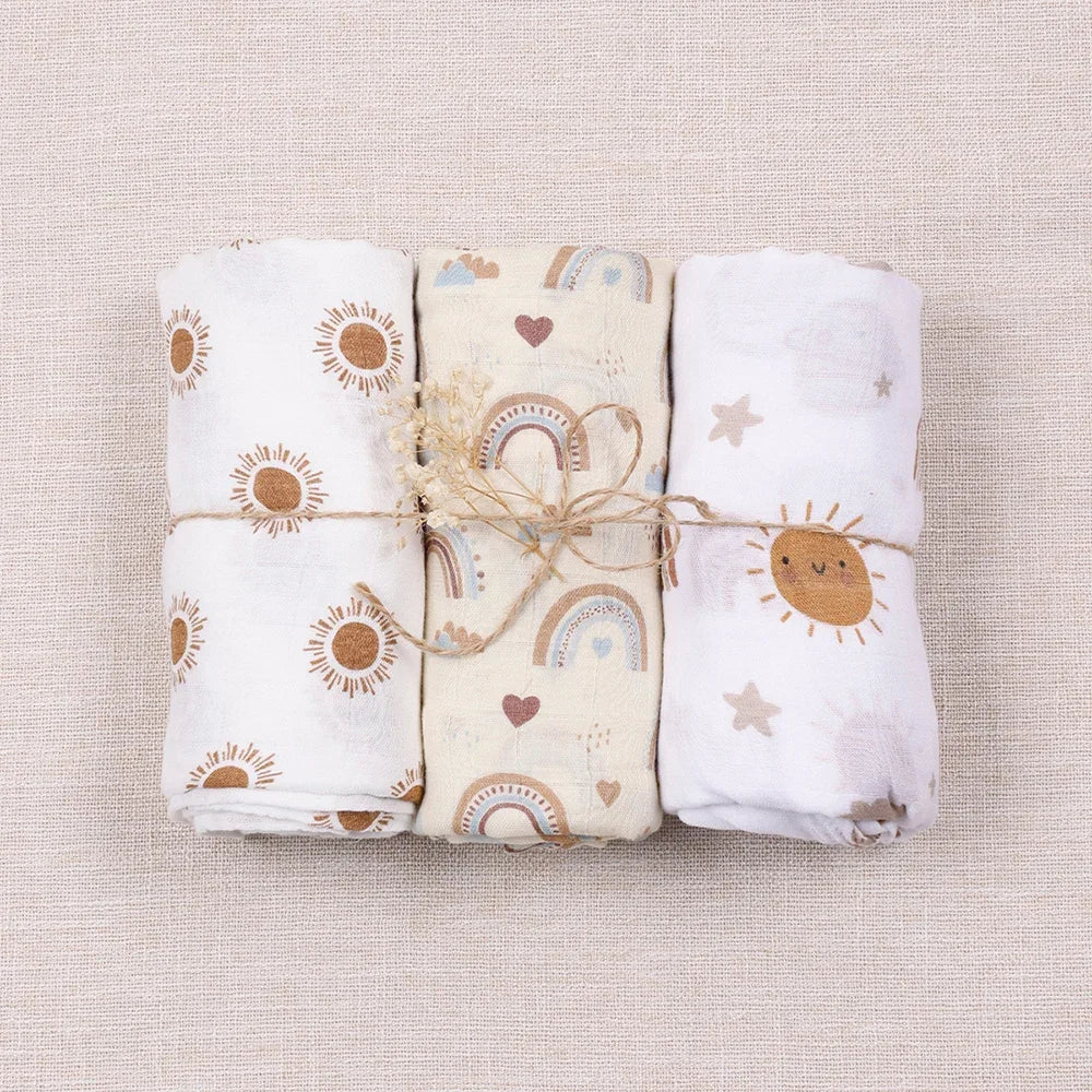 Elinfant Bamboo Cotton Muslin Swaddle Blanket 3 Piece Set Newborn Swaddle Wrap Nursing Cover