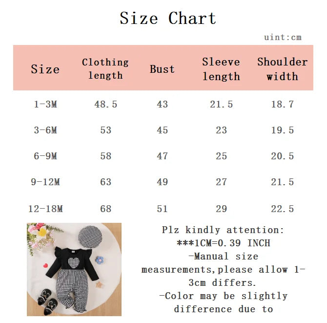 0-18 Months Baby Girl Thousand Bird Grid Love Fashion Long Sleeve Bodysuit+Hat Two Piece Set Newborn Baby Girl Crawler Bodysuit