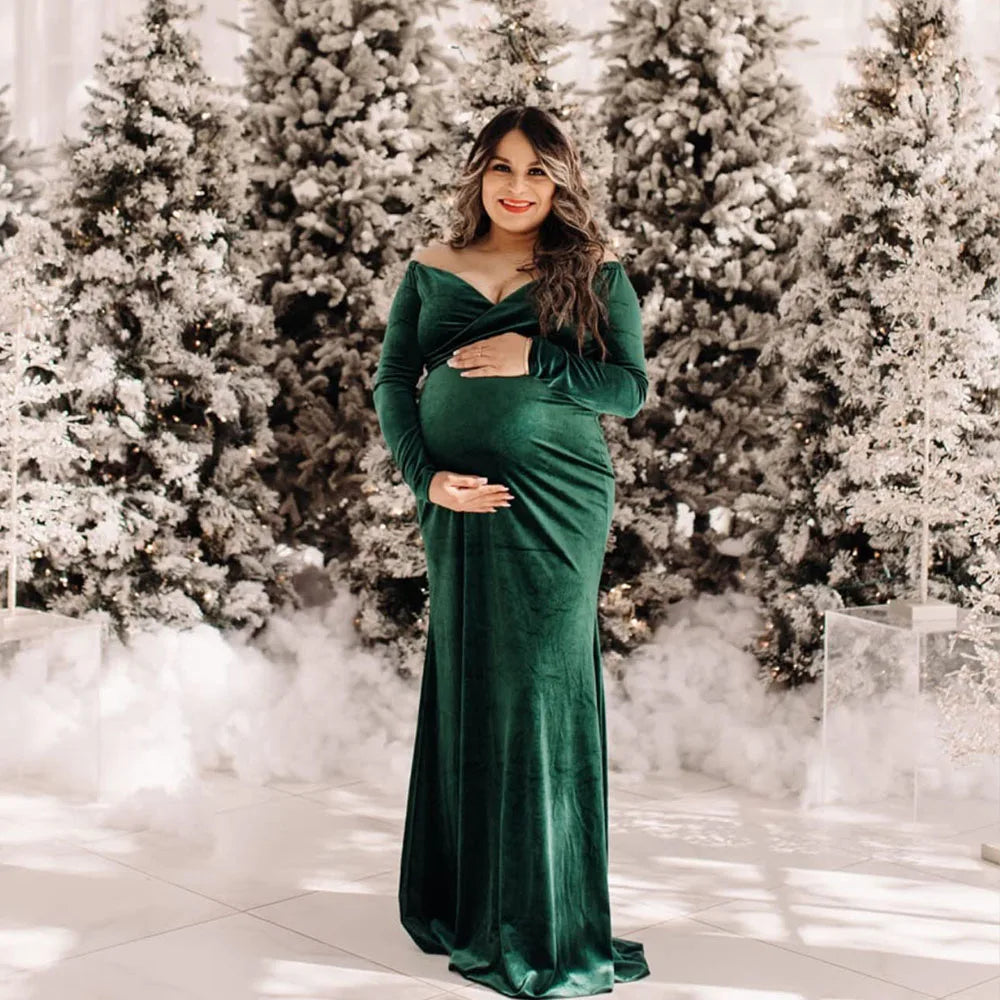 Velvet Maternity Off Shoulder Trailing Fitted Gown Maxi Photography Dress for Baby Shower Photo Props Dress