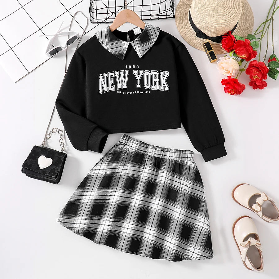 Girls Fashion Casual 2-Piece Set Black Lapel Long-Sleeved Letter Print Shirt Plaid Skirt Spring Autumn New