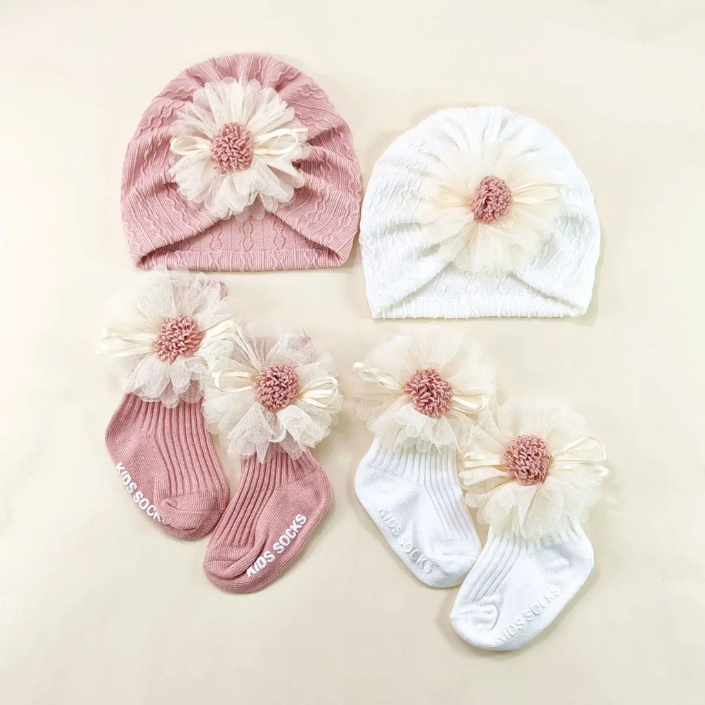 2pcs/set Newborn Elastic Turban Hat set Baby Girls Bow Cap Socks Set Baby Accessories Short Tube Sock Infant Indian Caps