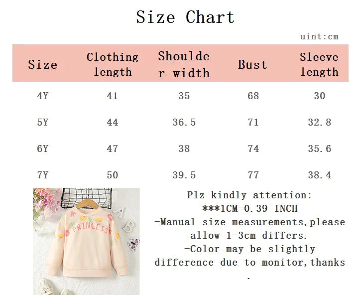 4-7 Year old Girls' Autumn Hoodie Round neck Flower Letter printed Long sleeved Casual Top for Children and Girls' Clothing