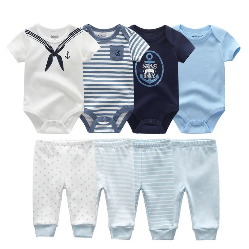 8-Piece Cartoon Baby Bodysuits and Pants Cotton Newborn Unisex Short Sleeve Onesies Trousers 0-12 Months