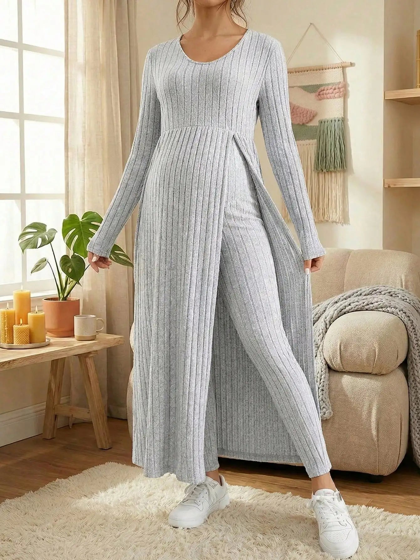 Maternity Women's Two Piece Sets and Outfits Long Sleeve Soft Ribbed Longline Casual Home Lounge Pants Set