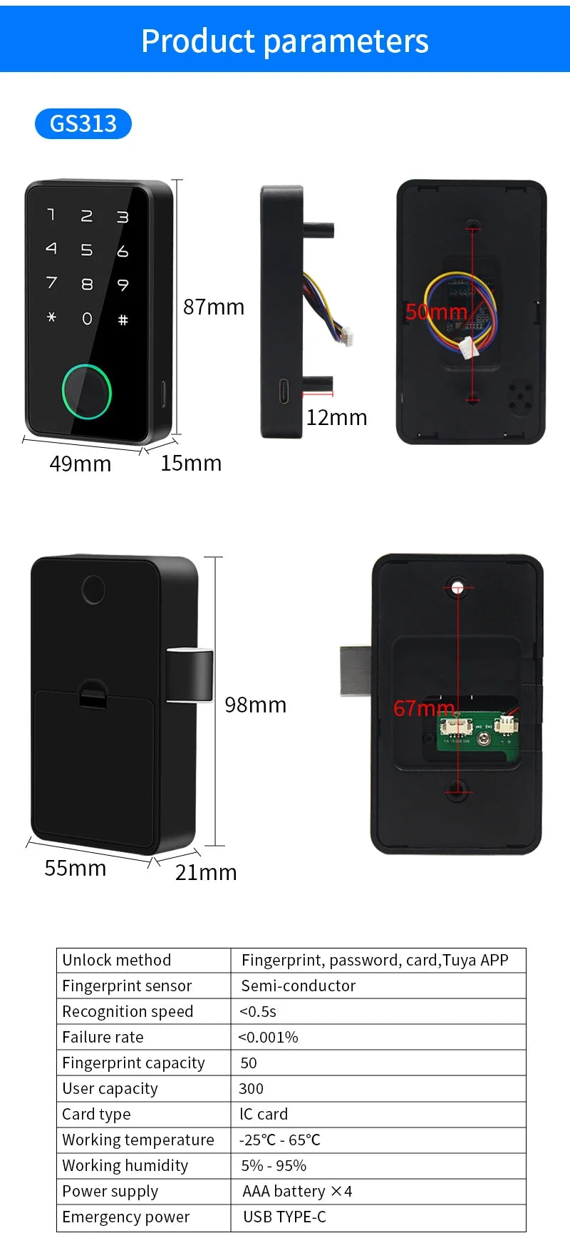 Support Tuya APP Smart Fingerprint No Punch Cam Lock Cabinet Lock Door Drawer Filing Cabinet Post Mail Box Furniture Locker