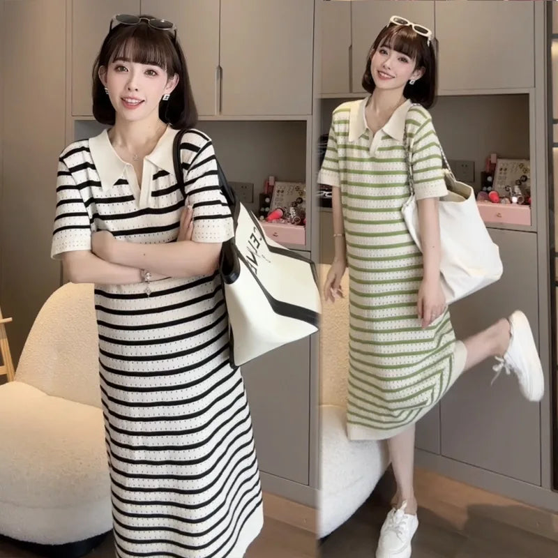 Summer Postpartum Woman Breastfeeding Dresses Short Sleeve Turn-down Collar Hollow Out Striped Maternity Straight Nursing Dress