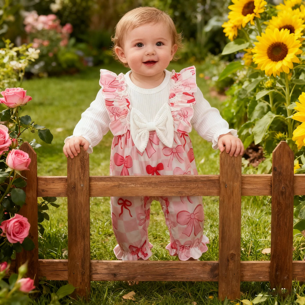Newborn Baby girl Bodysuit Ruffled edges Bow print Bodysuit for 0-18 Months Cute Baby girl Spring and Autumn Crawling Clothes