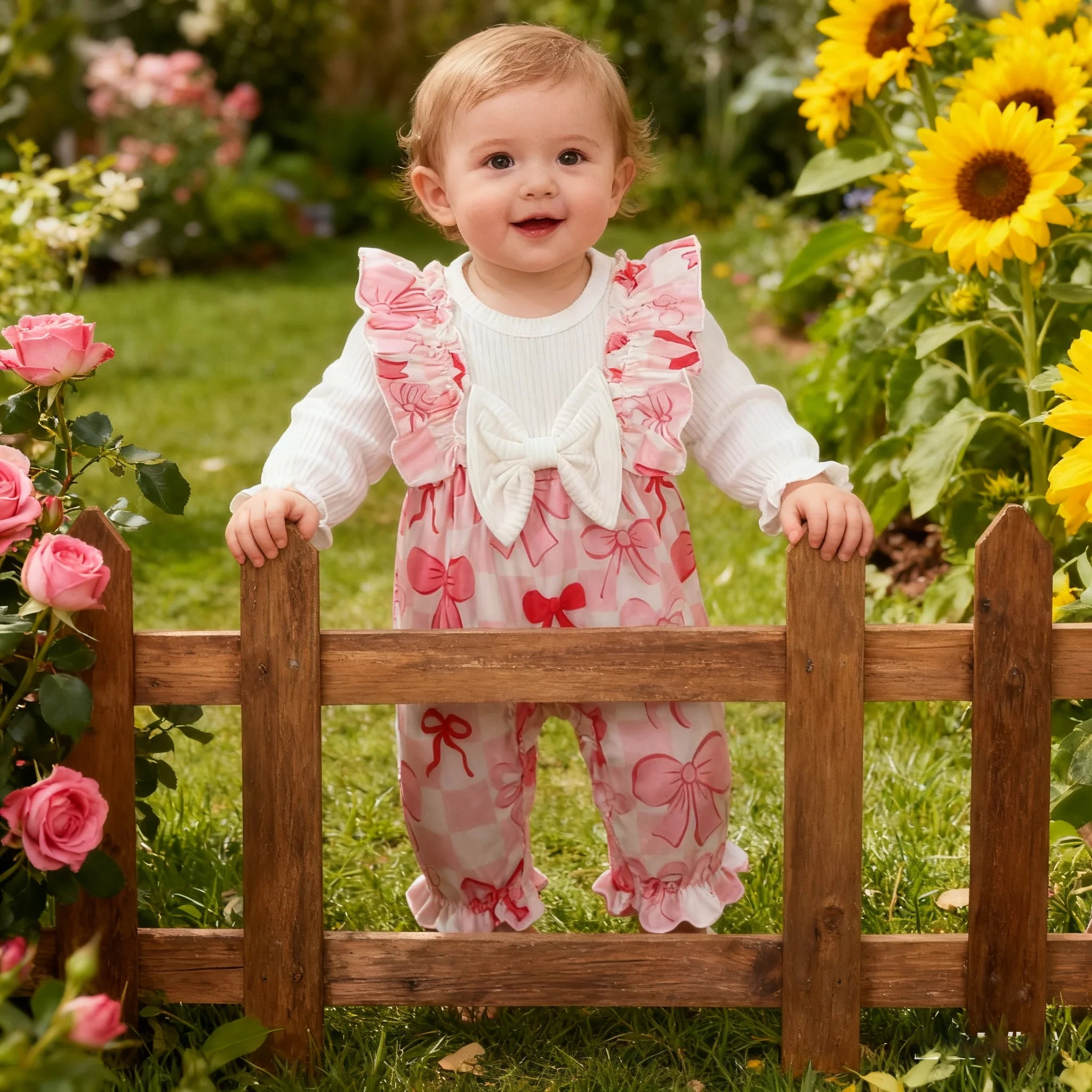 Newborn Baby girl Bodysuit Ruffled edges Bow print Bodysuit for 0-18 Months Cute Baby girl Spring and Autumn Crawling Clothes