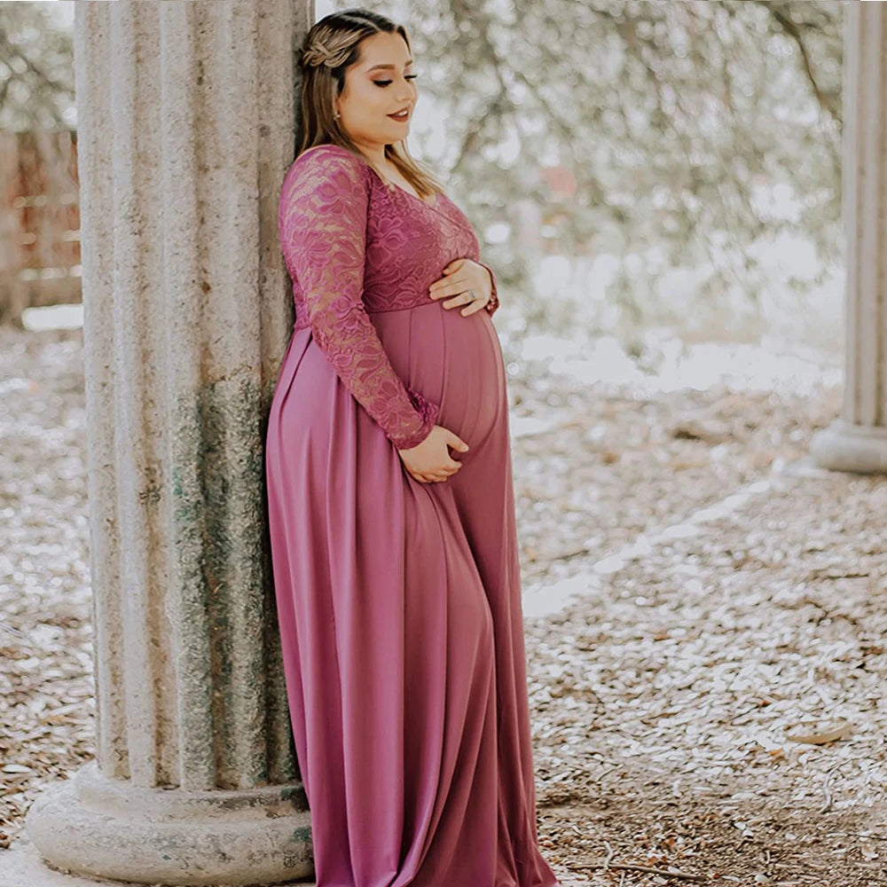 Maternity Lace Photography Gown V-Neck Long Sleeve Maxi Elegant Pregnancy Dress For Baby Shower Photography
