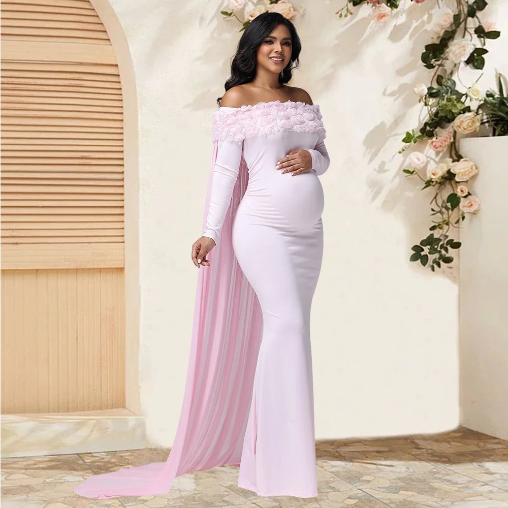 Maternity Women's Appliques Off Shoulder Long Sleeves Photography Dress Mesh Cloak Maxi Gown for Photoshoot Baby Shower
