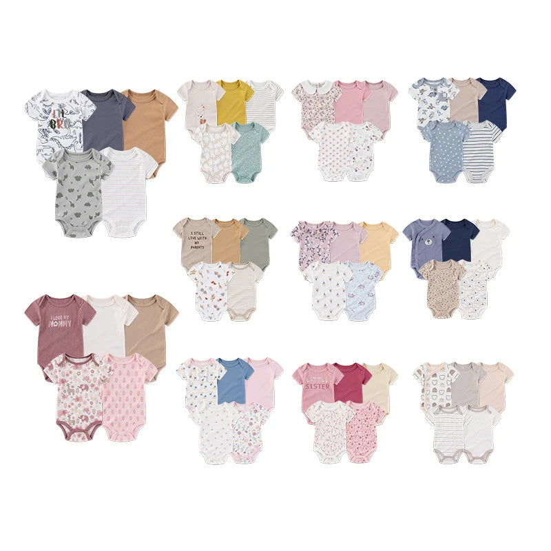 Cartoon Cute 5-Piece Baby Bodysuits Comfy Newborn Boy Girl Onesies Short Sleeves Infant Clothes