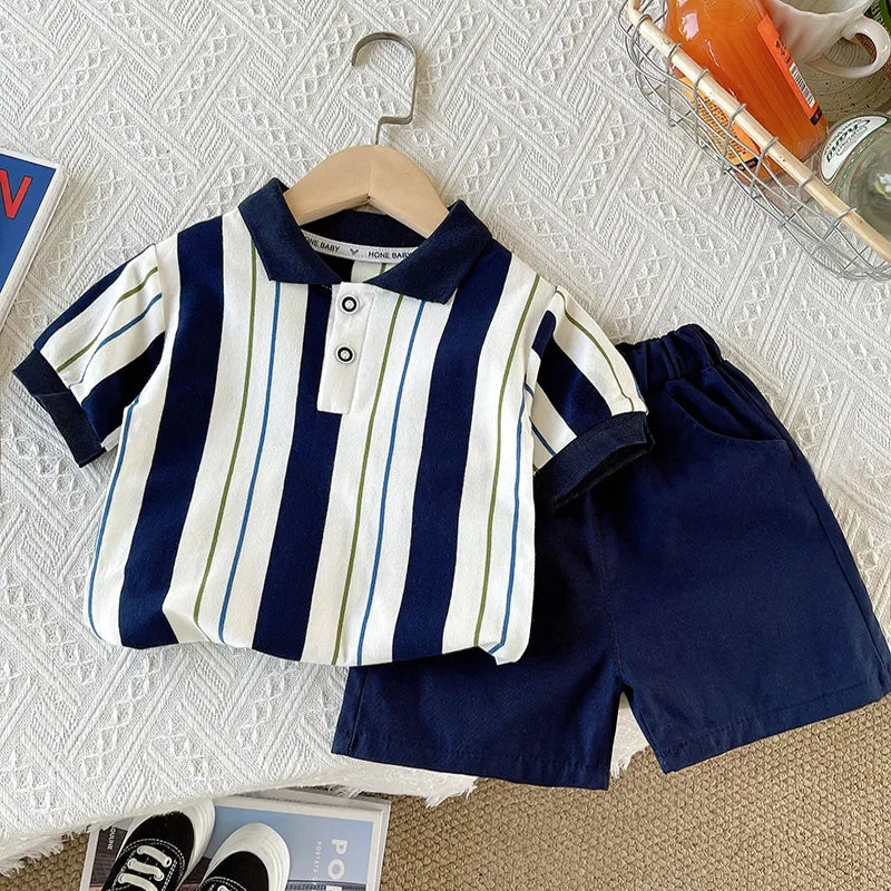 ‌New Boys Cotton Striped Shorts Set 2-Piece Summer Outfit Fashion Short Sleeve Casual Playwear Stylish Kids Clothing‌