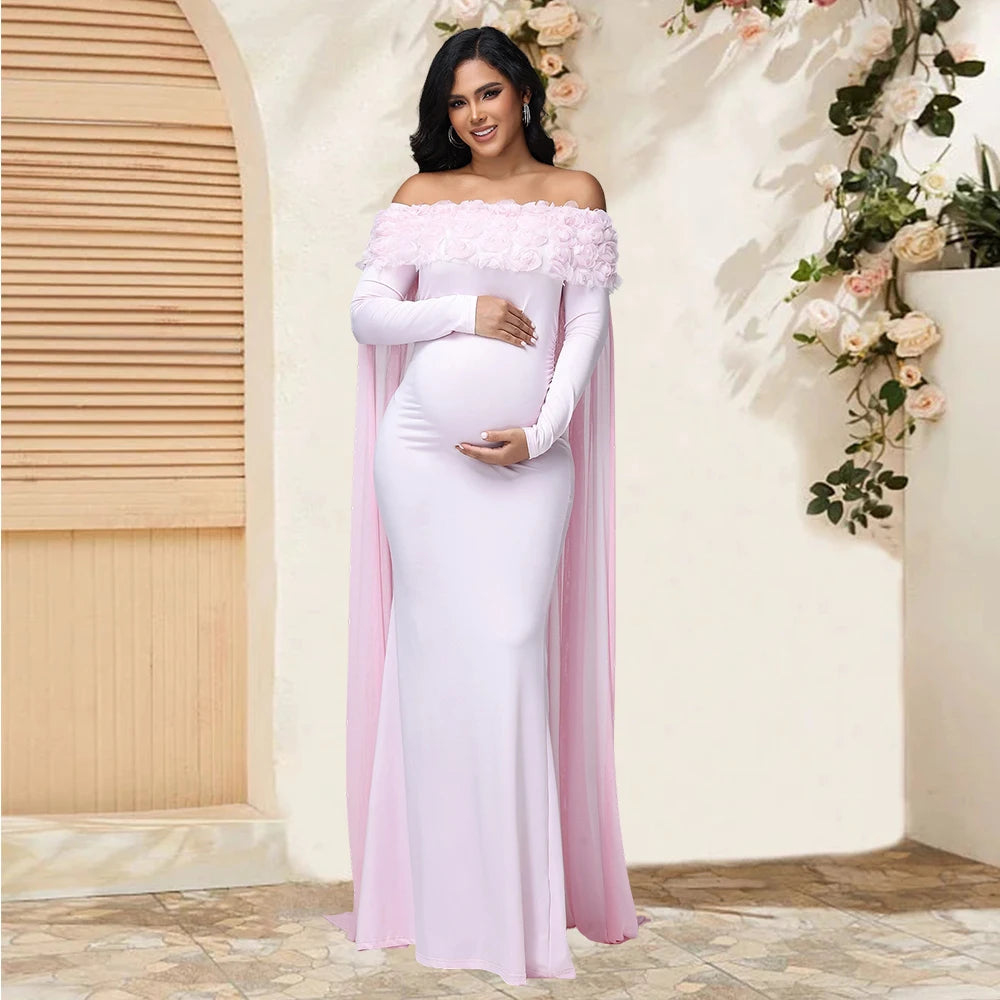 Maternity Women's Appliques Off Shoulder Long Sleeves Photography Dress Mesh Cloak Maxi Gown for Photoshoot Baby Shower