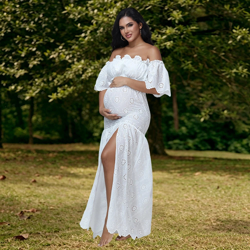 Maternity 2 Pieces Set Dress for Photoshoot Floral Embroidery Ruffle Short Top & Side Slit Long Skirt for Baby Shower