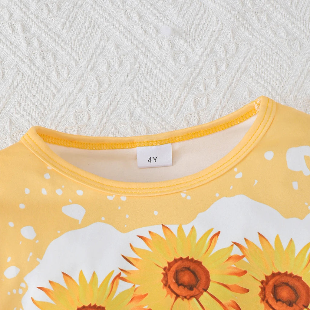 Children's clothing Girl Set Sunflower Print Top+Flared Long sleeved Two-piece Set for 4-7 Year old girls in Spring Autumn Set