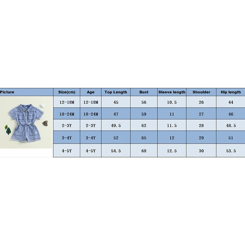 1-5Y Girls Kids Denim Overalls Shorts Short Sleeves Turn Down Collar Button Down Elastic Waist Jean Romper Jumpsuits Clothes