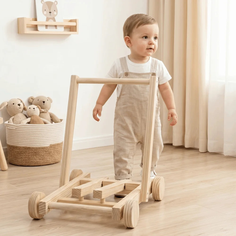 Adjustable Speed Height No-Knot Wood Baby Walker Wheeled Push-Pull Non-Toxic Toddler Walking Aid Safe Sturdy Durable