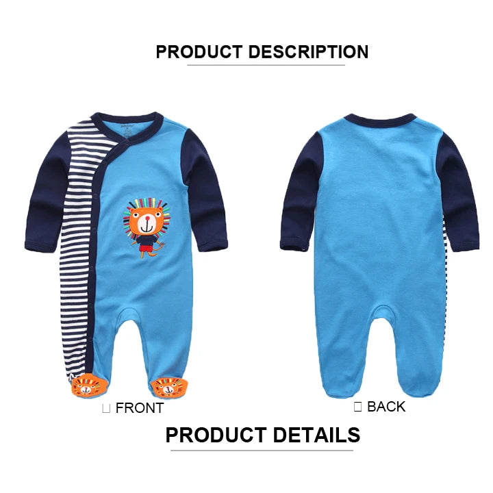 Kiddiezoom Fashion Classic Blue Lion Print long Sleeve Causal Baby Boy Girl Rompers Soft 100%Cotton Newborn Jumpsuits Clothing